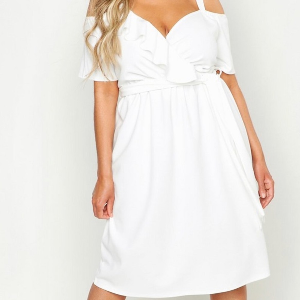 White belted ruffle midi dress